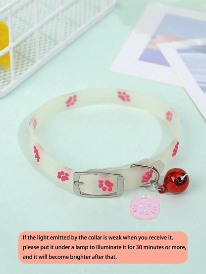 Glow In The Dark Cat Collar, Footprint Pattern, Bell