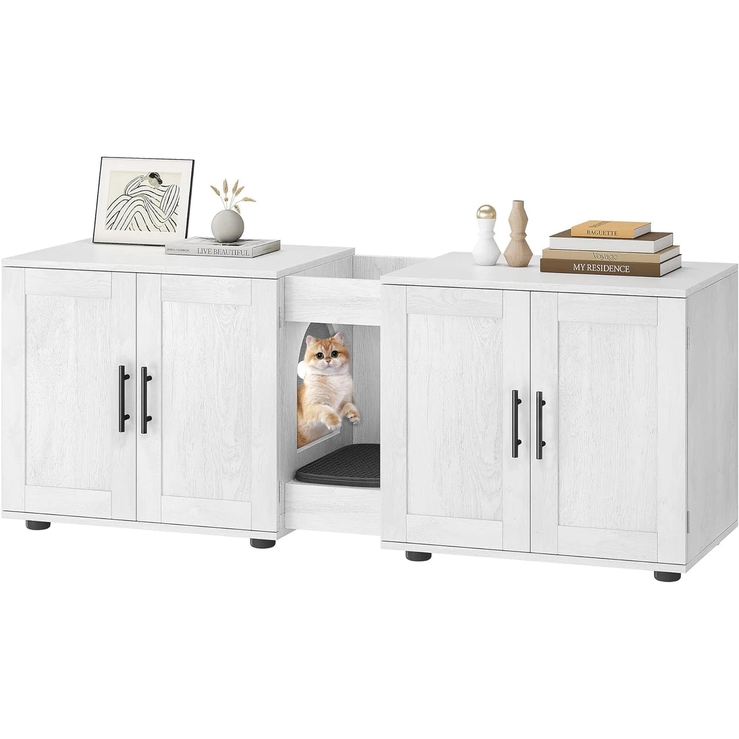 Wooden Cabinet Double Compartments, Scratching Pad, Litter Box, Enclosure for Cat Supplies