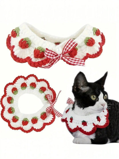 Strawberry Bow Crochet Cat Decorative Neck Wear