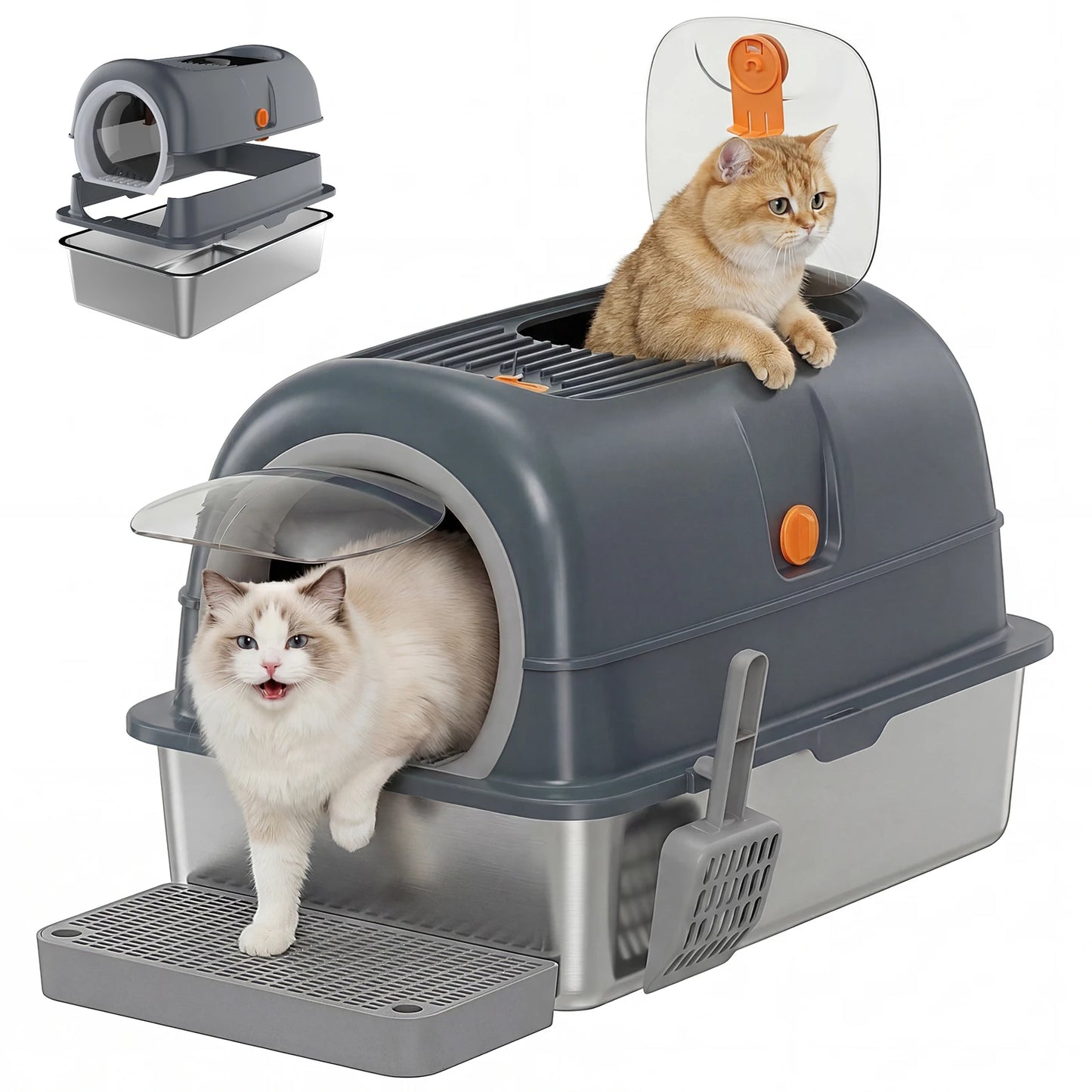 Stainless Steel Cat Litter Box, Enclosed, Scoop and Mat Included