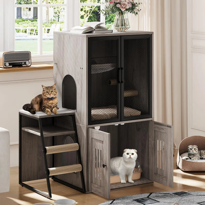 Multifunctional Cat Litter Box, Storage, Sisal Ladder Playhouse