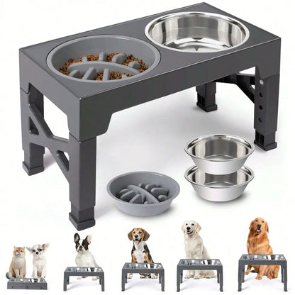 2 Stainless Steel Dog Bowls, Raised, Adjustable Heights, Stand