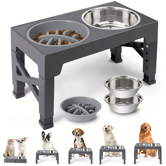2 Stainless Steel Dog Bowls, Raised, Adjustable Heights, Stand