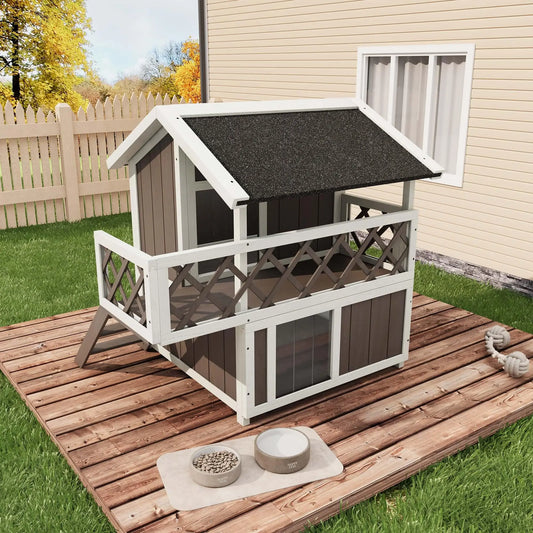 Weatherproof 2-Story Outdoor Cat House Wooden Shelter Elevated
