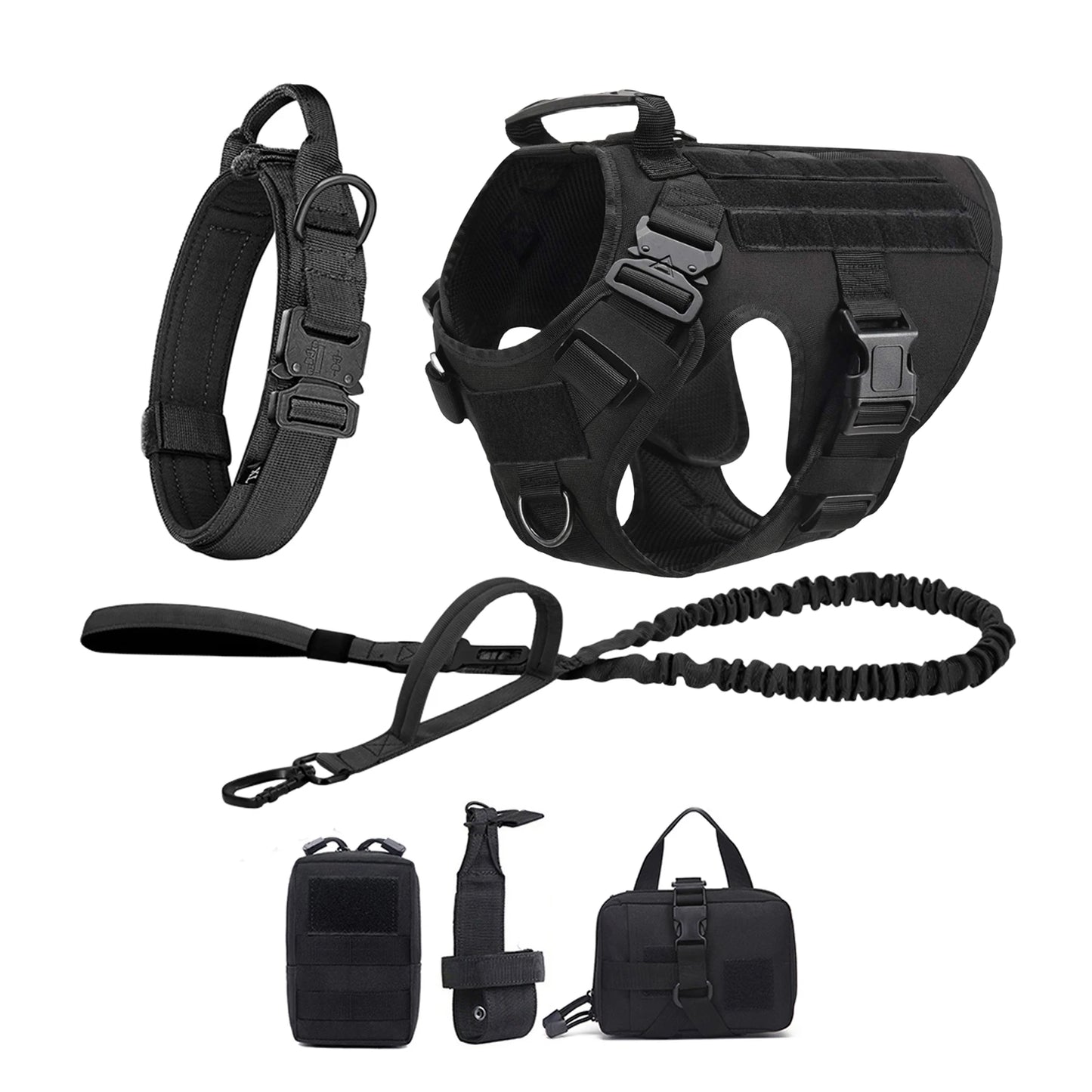 Tactical Dog Harness Collar Leash Molle Pouches