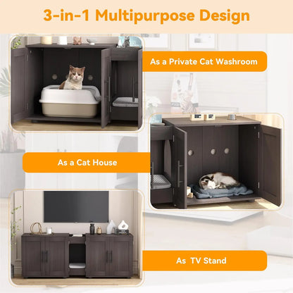 Wooden Cabinet Double Compartments, Scratching Pad, Litter Box, Enclosure for Cat Supplies