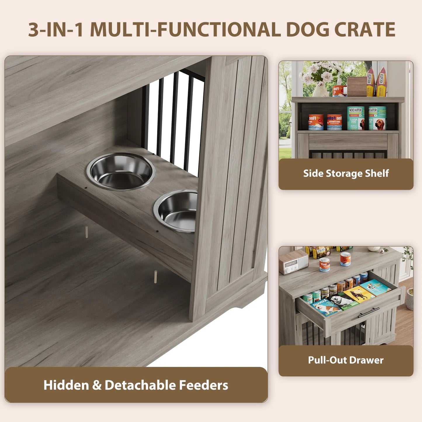 Dog Kennel With Drawer, Side Storage, Feeding Station
