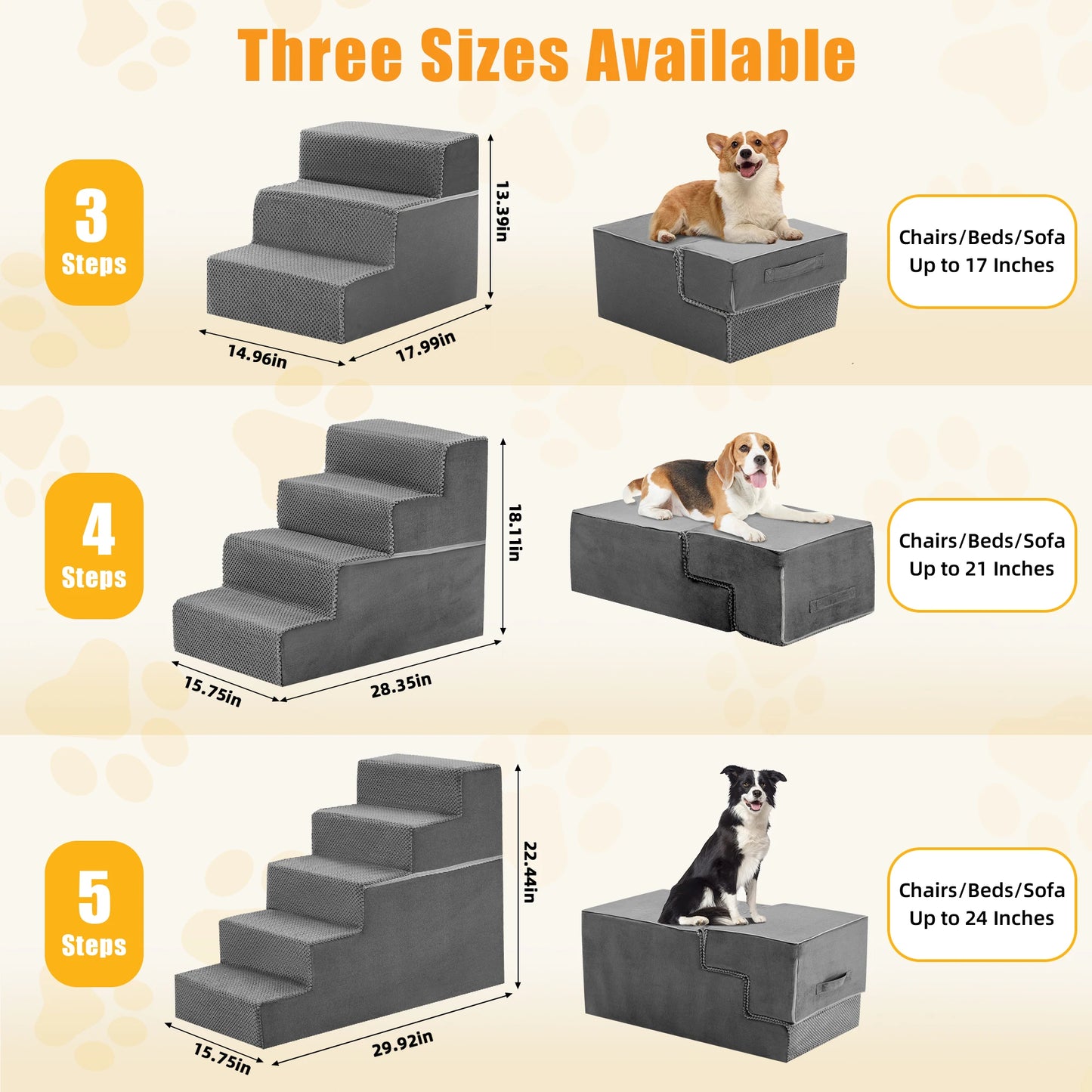 3-5 Step, Foam Dog Stairs, Indoors, Non-Slip