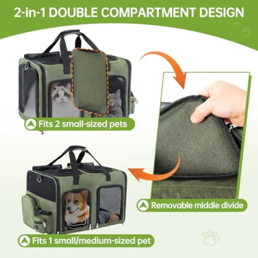 Cat Carrier for 2 Cats - Double Pet Carrier Extra Large Dual Cabin Multi Cat Travel Carrier with Removable Divider Collapsible