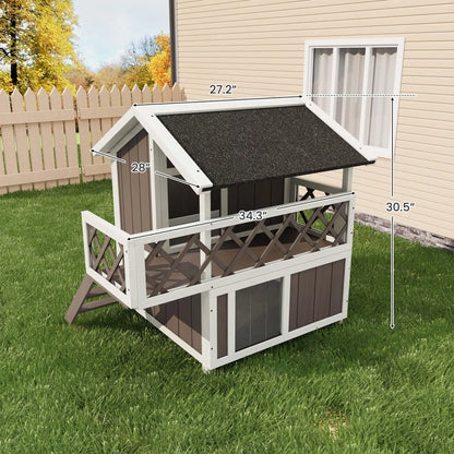 Weatherproof 2-Story Outdoor Cat House Wooden Shelter Elevated
