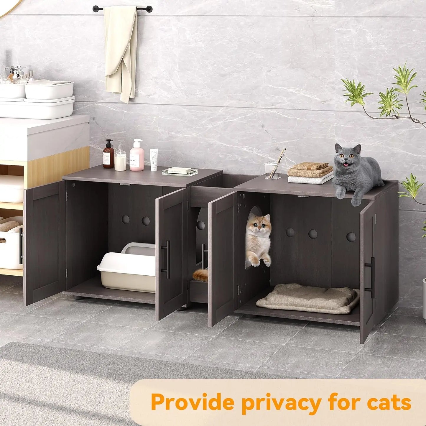 Wooden Cabinet Double Compartments, Scratching Pad, Litter Box, Enclosure for Cat Supplies