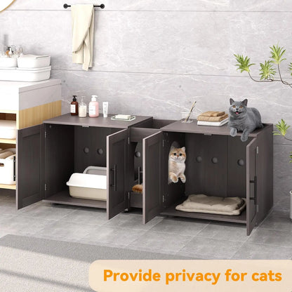 Wooden Cabinet Double Compartments, Scratching Pad, Litter Box, Enclosure for Cat Supplies