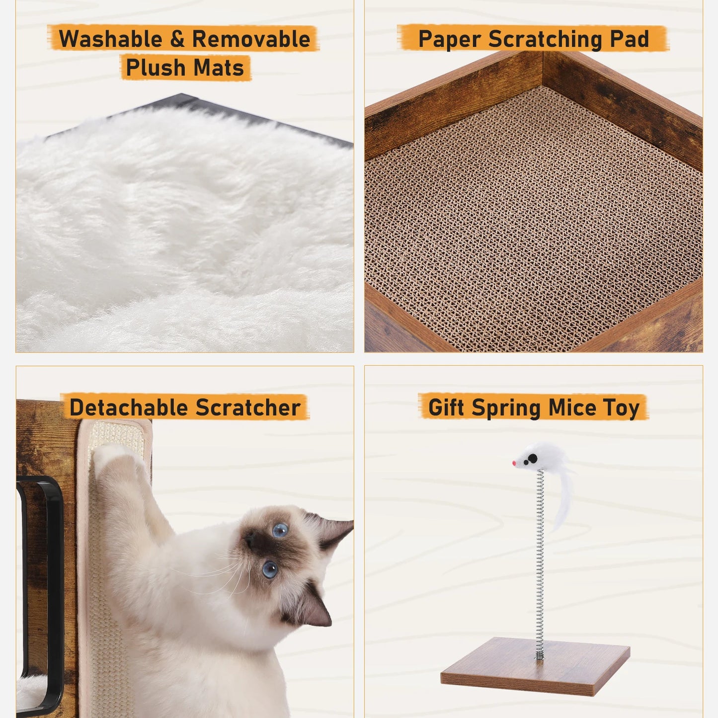 Wood Cat Condo, Bed, Tree Tower, Scratching Pad