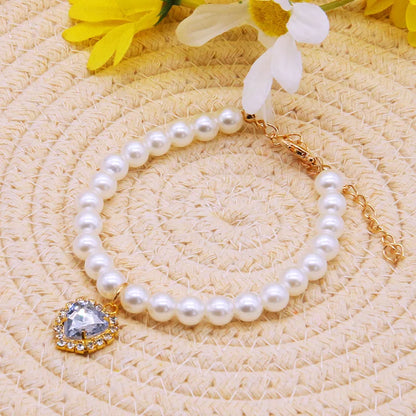 Pearl Necklace Cat Collar With Heart Stone