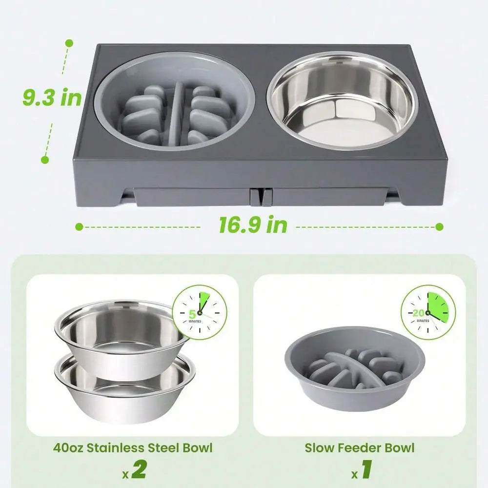 2 Stainless Steel Dog Bowls, Raised, Adjustable Heights, Stand