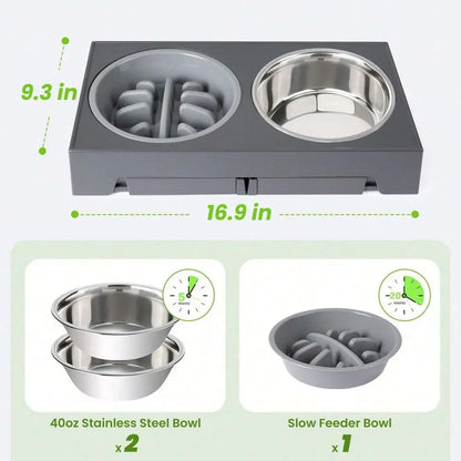 2 Stainless Steel Dog Bowls, Raised, Adjustable Heights, Stand
