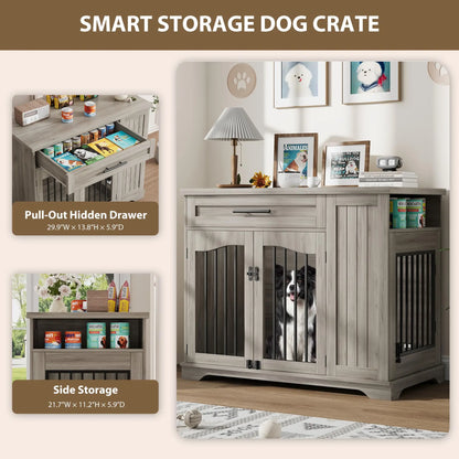 Dog Kennel With Drawer, Side Storage, Feeding Station