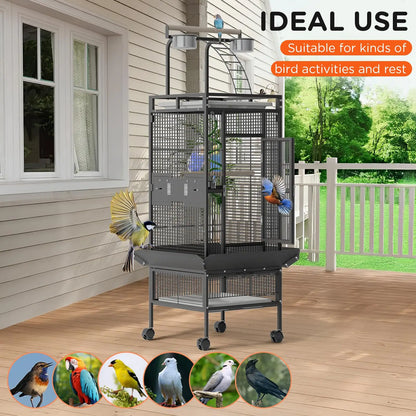 60" Metal Bird Cage With Play Top, Rolling Stand, Flight Enclosure