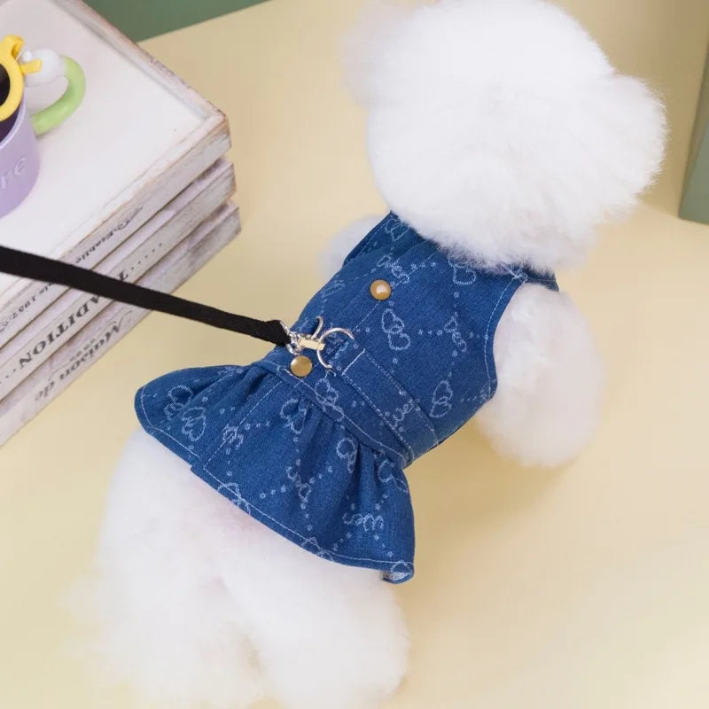 Dog Summer, Denim Dress or Vest with Leash D-ring