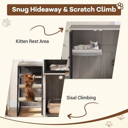 Multifunctional Cat Litter Box, Storage, Sisal Ladder Playhouse