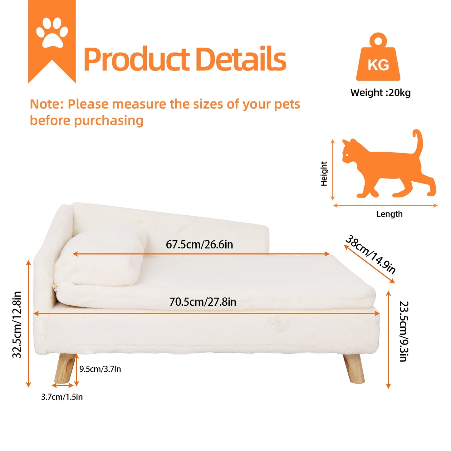 Elevated Pet Sofa  Bed with Sturdy Wood Legs