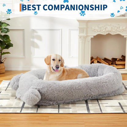 Human Size Dog Bed For Adults & Pets, Storage Pockets, Matching Blanket
