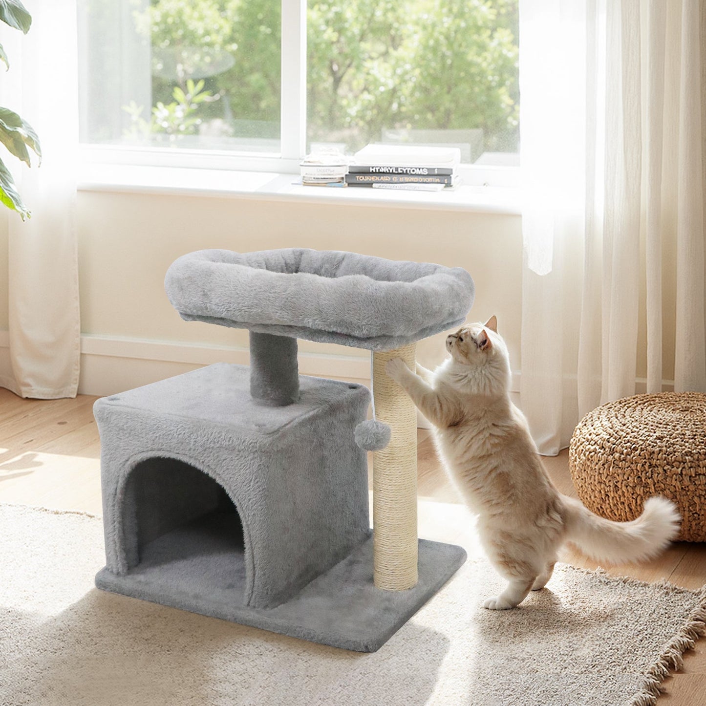 Small Cat Tree with Large Padded Plush Perch for Indoor Cats