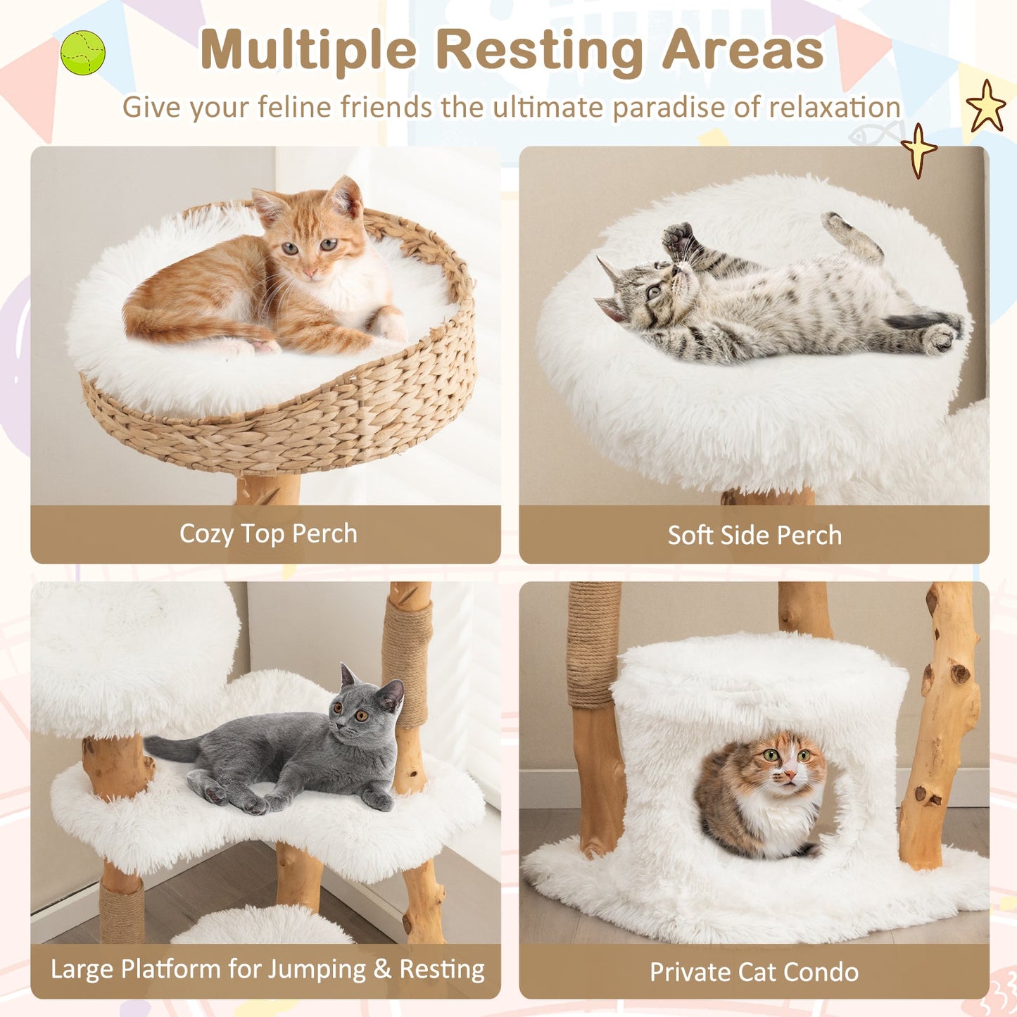 Solid Wood Cat Tower with Top Cattail Basket Cat Bed