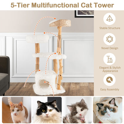 Solid Wood Cat Tower with Top Cattail Basket Cat Bed