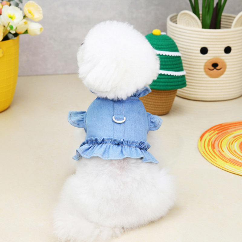 Pets Jean Dress with Ruffles Vest Leash Hook
