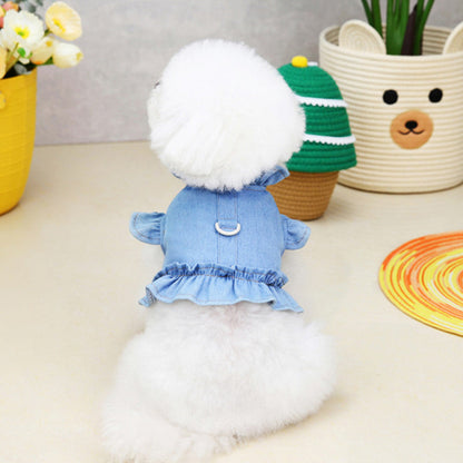Pets Jean Dress with Ruffles Vest Leash Hook