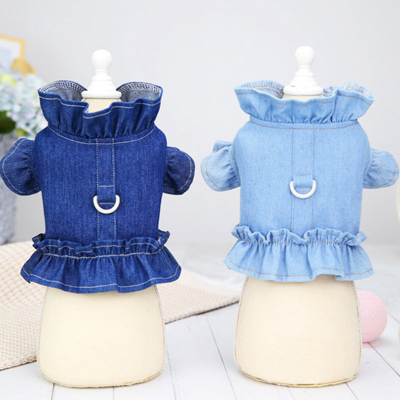 Pets Jean Dress with Ruffles Vest Leash Hook
