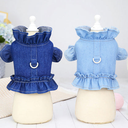 Pets Jean Dress with Ruffles Vest Leash Hook
