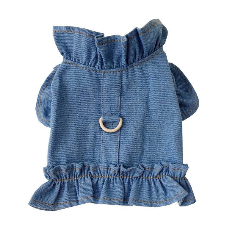 Pets Jean Dress with Ruffles Vest Leash Hook