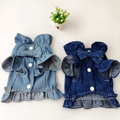 Pets Jean Dress with Ruffles Vest Leash Hook